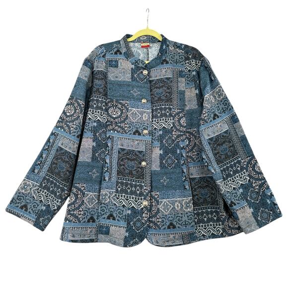 Tudor Court Haband‎ Blue Tapestry Patchwork Button Front Collarless Jacket 3X - Picture 1 of 7